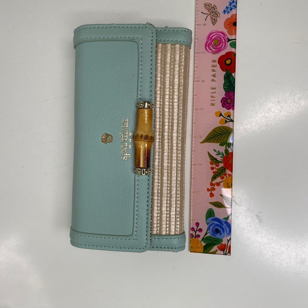 Spartina 449 Seafoam PU & Straw Bamboo Turnlock Tri-Fold Wallet Coastal Chic - Picture 9 of 12